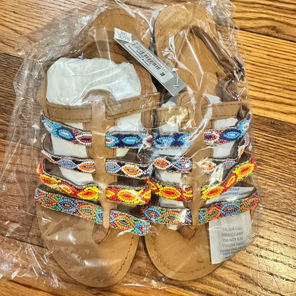 Tan and multi coloured beaded sandals